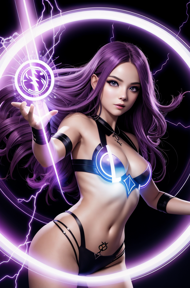 Cheveux violets et pupilles en forme de symbole
